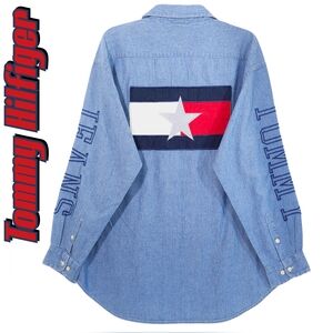 Tommy Hilfiger Chambray VTG Freedom Flag Button Down Shirt Mens Medium